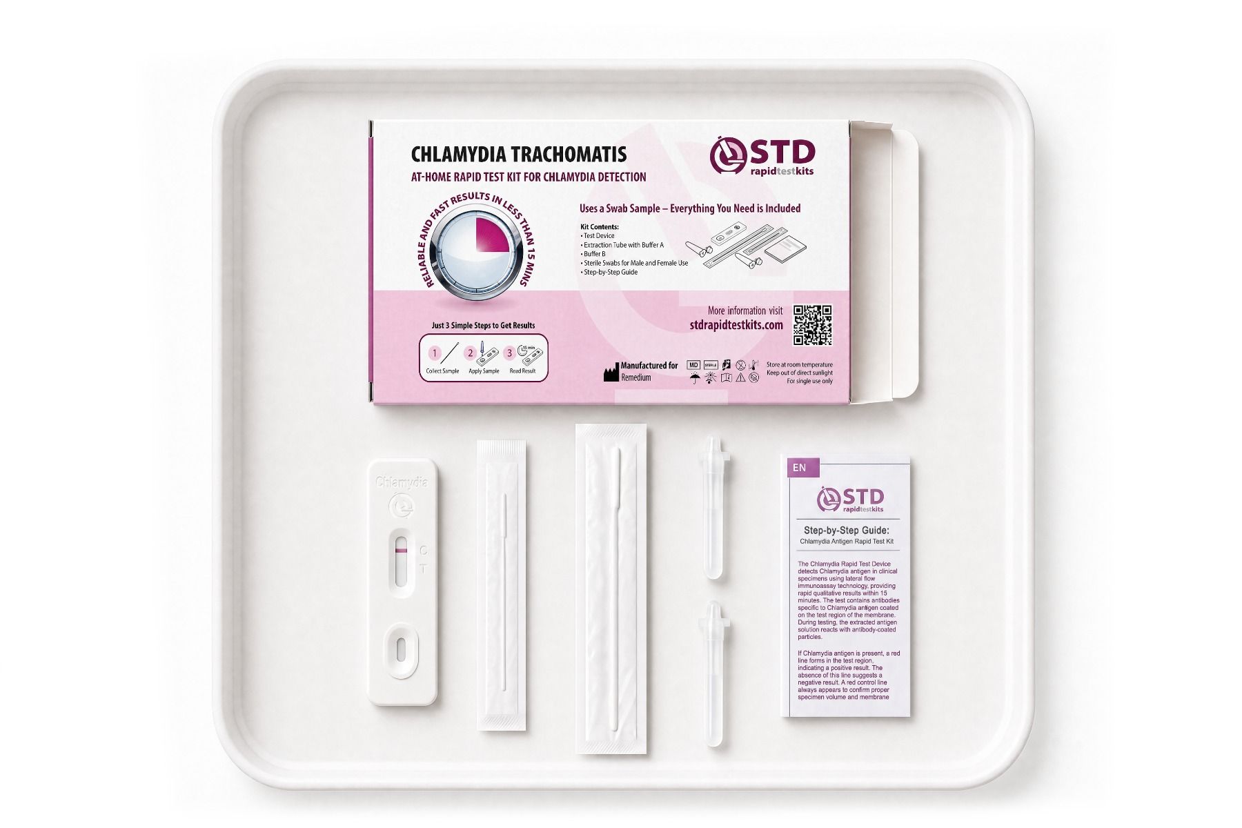Contents of the Chlamydia at-home rapid test kit included in the Complete 7-in-1 STD bundle
