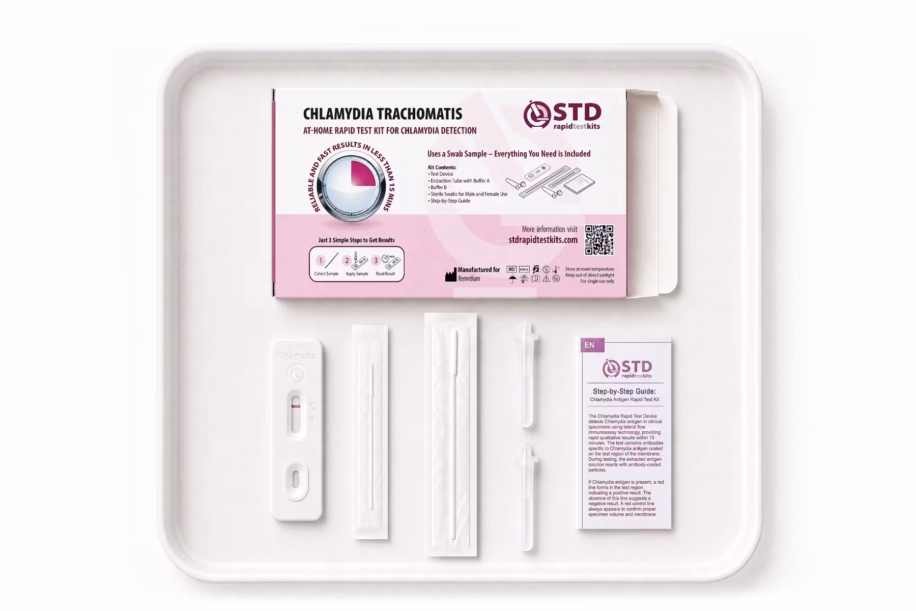 Contents of the Chlamydia at-home rapid test kit included in the 2-in-1 Chlamydia and Gonorrhea bundle
