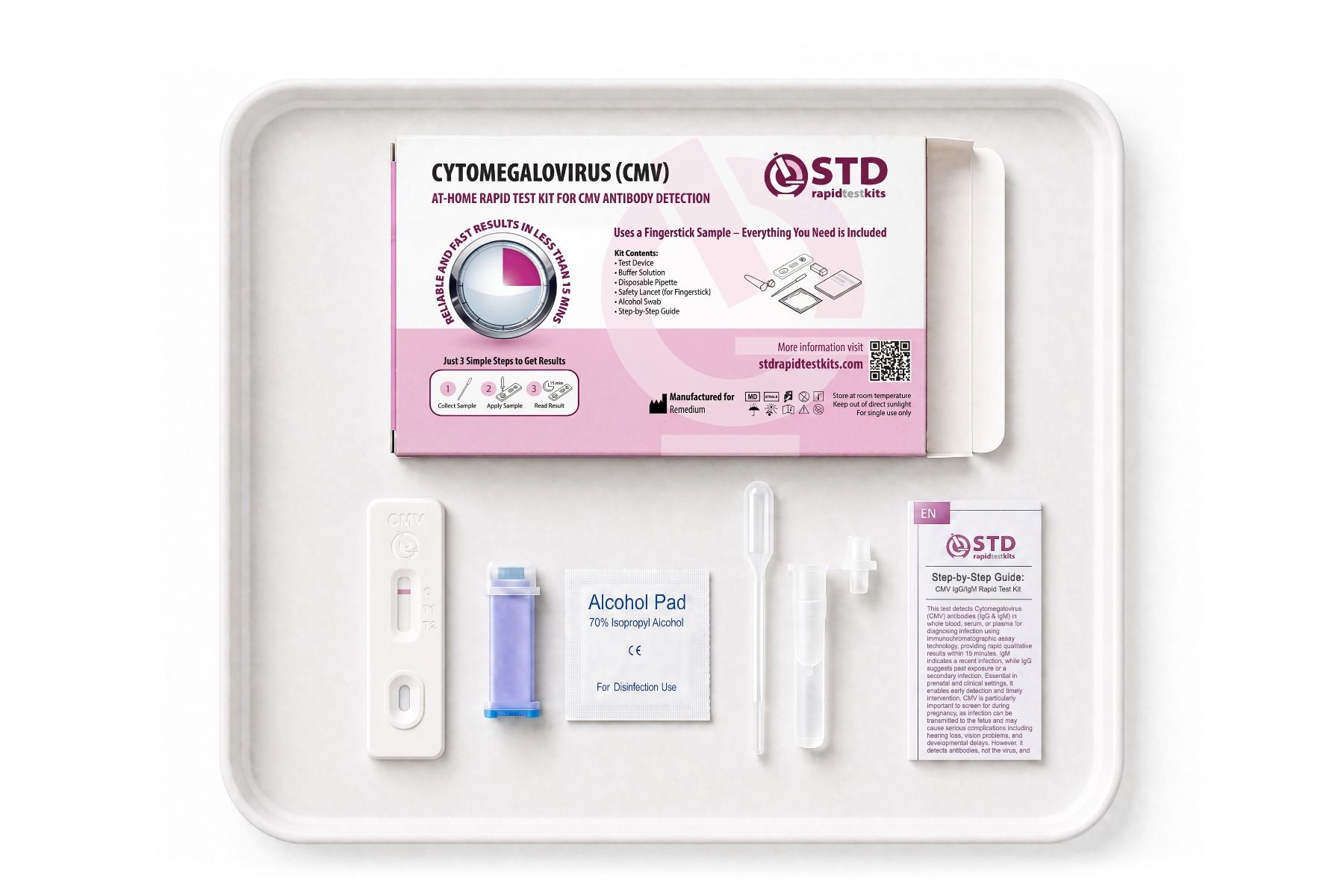 Contents of the Cytomegalovirus CMV at-home rapid test kit included in the Complete 12-in-1 women bundle