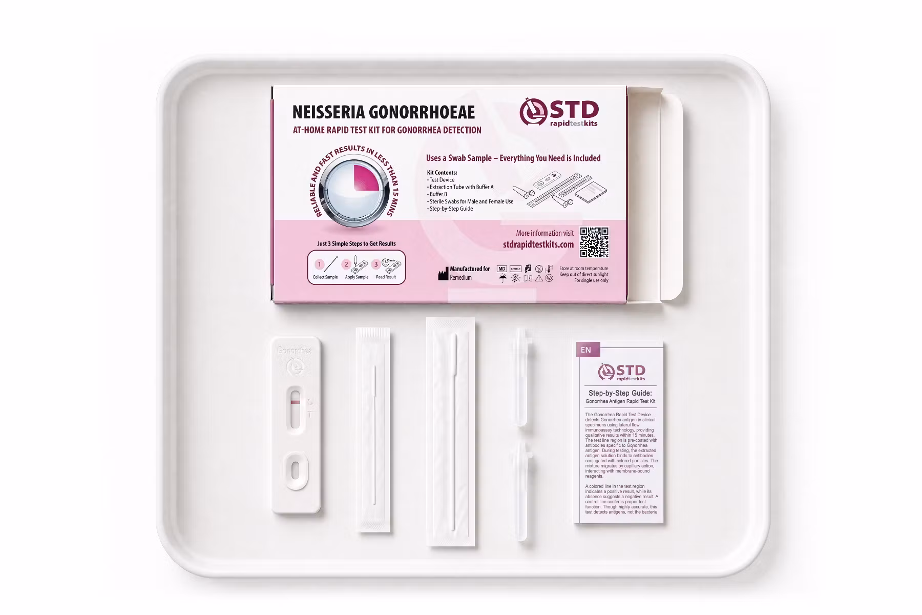 Contents of the Gonorrhea at-home rapid test kit included in the 2-in-1 Chlamydia and Gonorrhea bundle