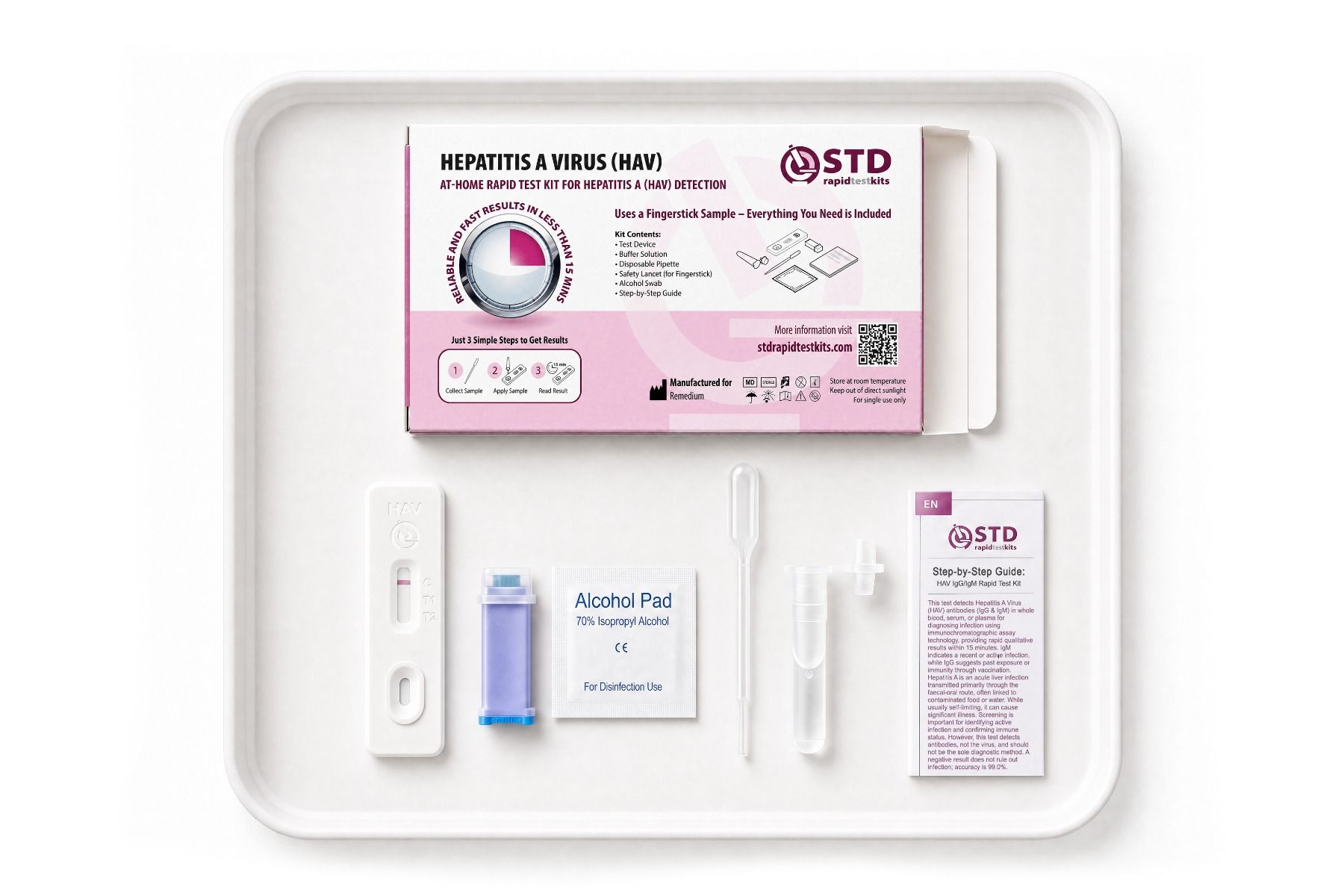 Contents of the Hepatitis A at-home rapid test kit included in the Hepatitis A B and C bundle