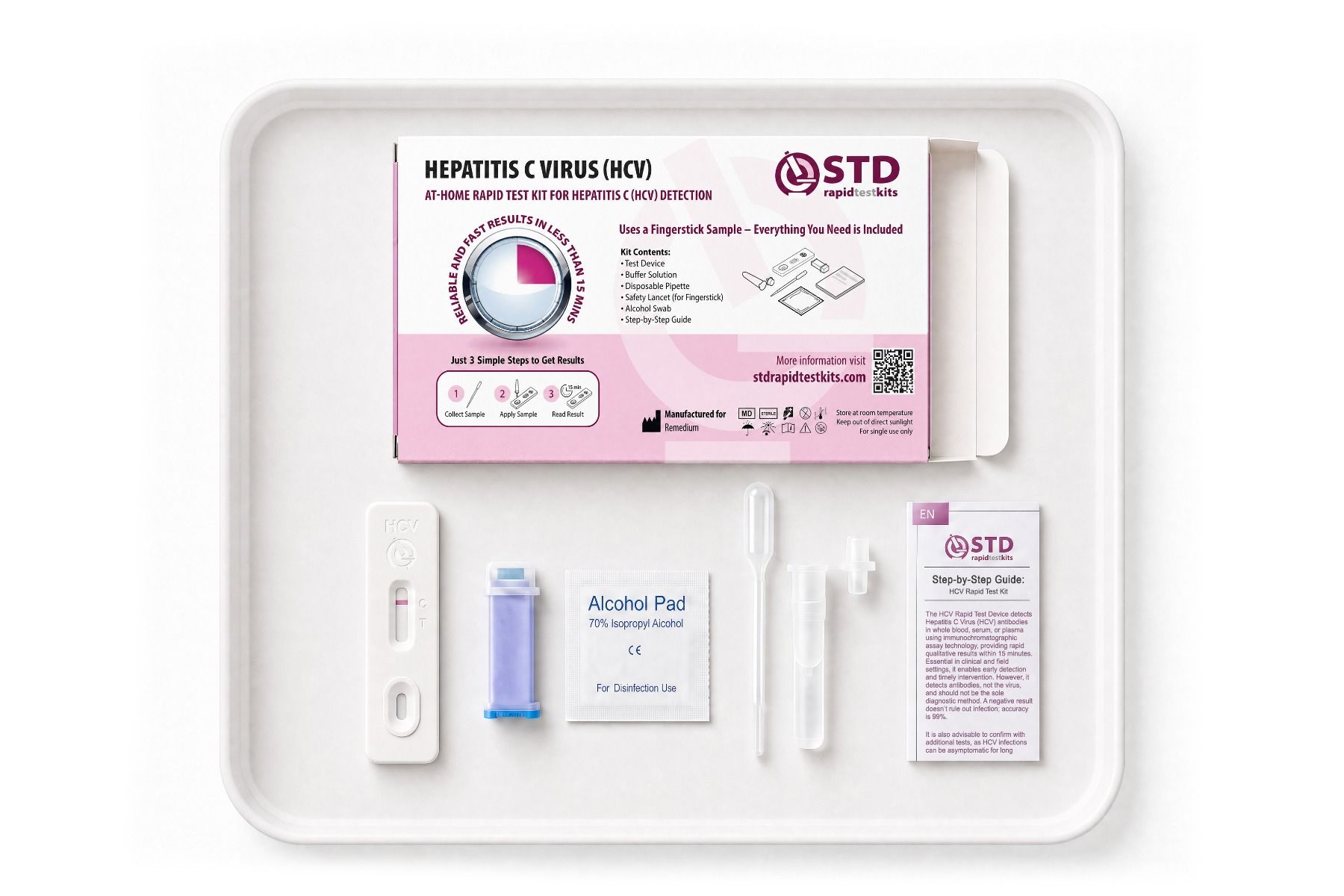 Contents of the Hepatitis C at-home rapid test kit included in the Complete 7-in-1 STD bundle
