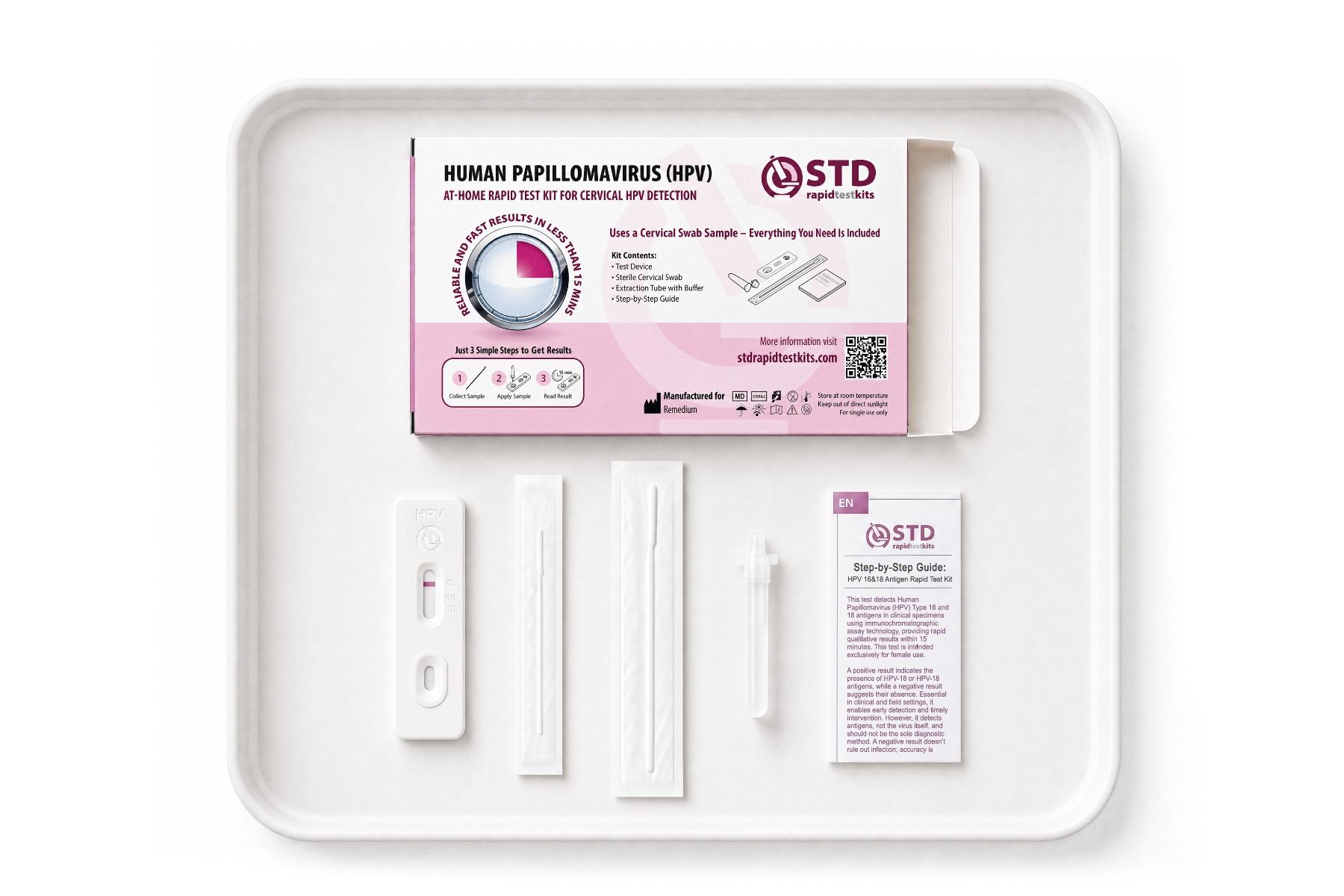 Contents of the HPV at-home rapid test kit included in the Complete 12-in-1 women bundle