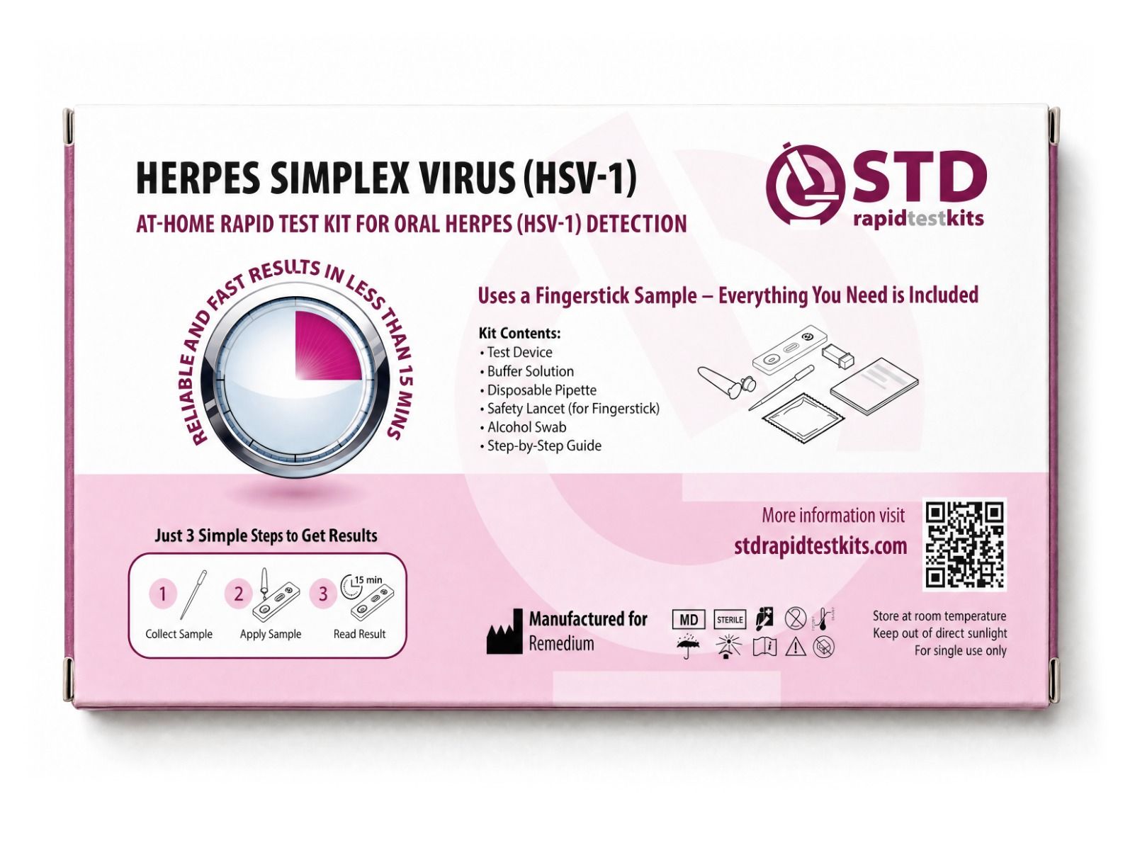Back view of the HSV-1 oral herpes at-home rapid test kit box