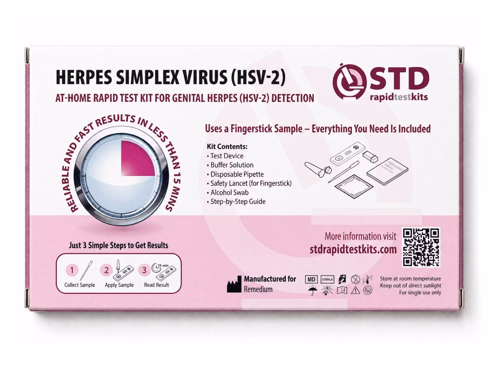 Back view of the HSV-2 genital herpes at-home rapid test kit box
