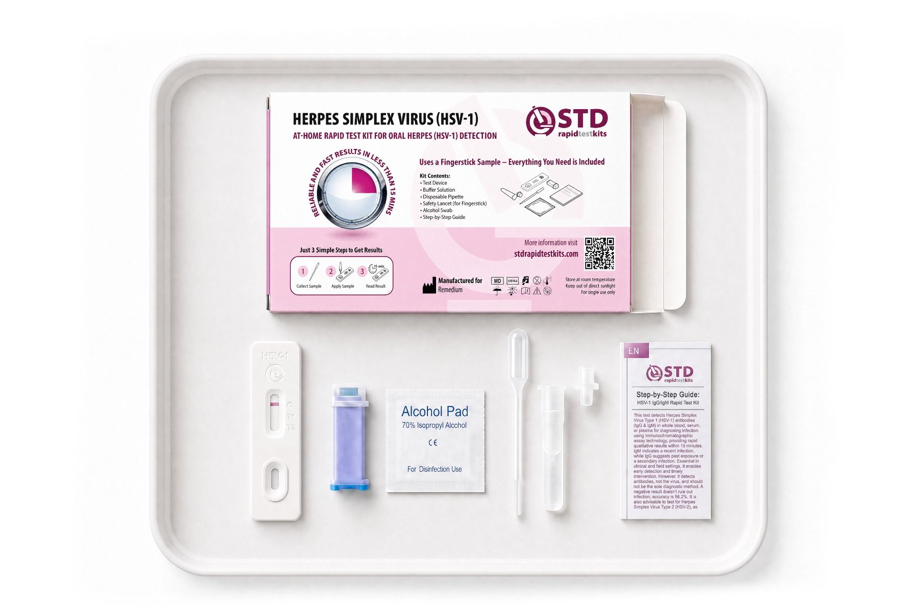 Contents of the HSV-1 oral herpes at-home rapid test kit