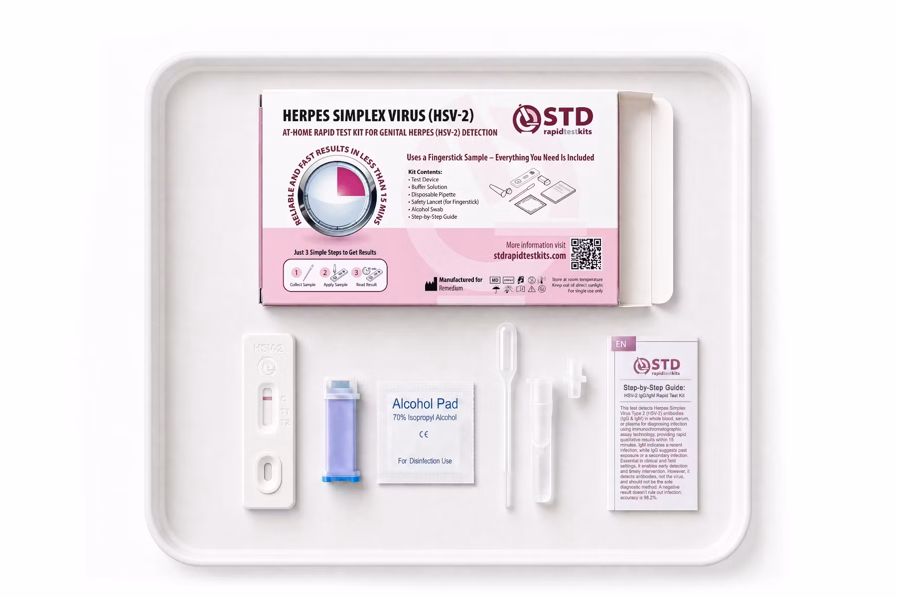 Contents of the HSV-2 genital herpes at-home rapid test kit