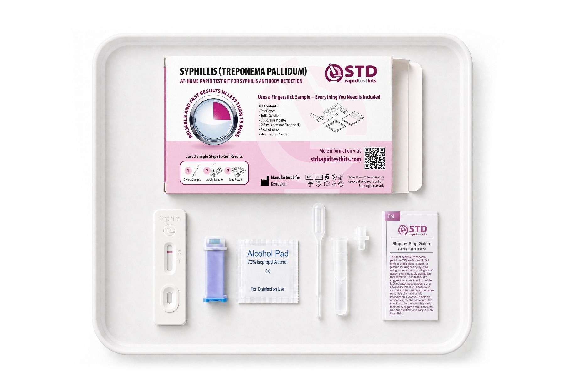 Contents of the Syphilis at-home rapid test kit included in the 3-in-1 Chlamydia Gonorrhea and Syphilis bundle
