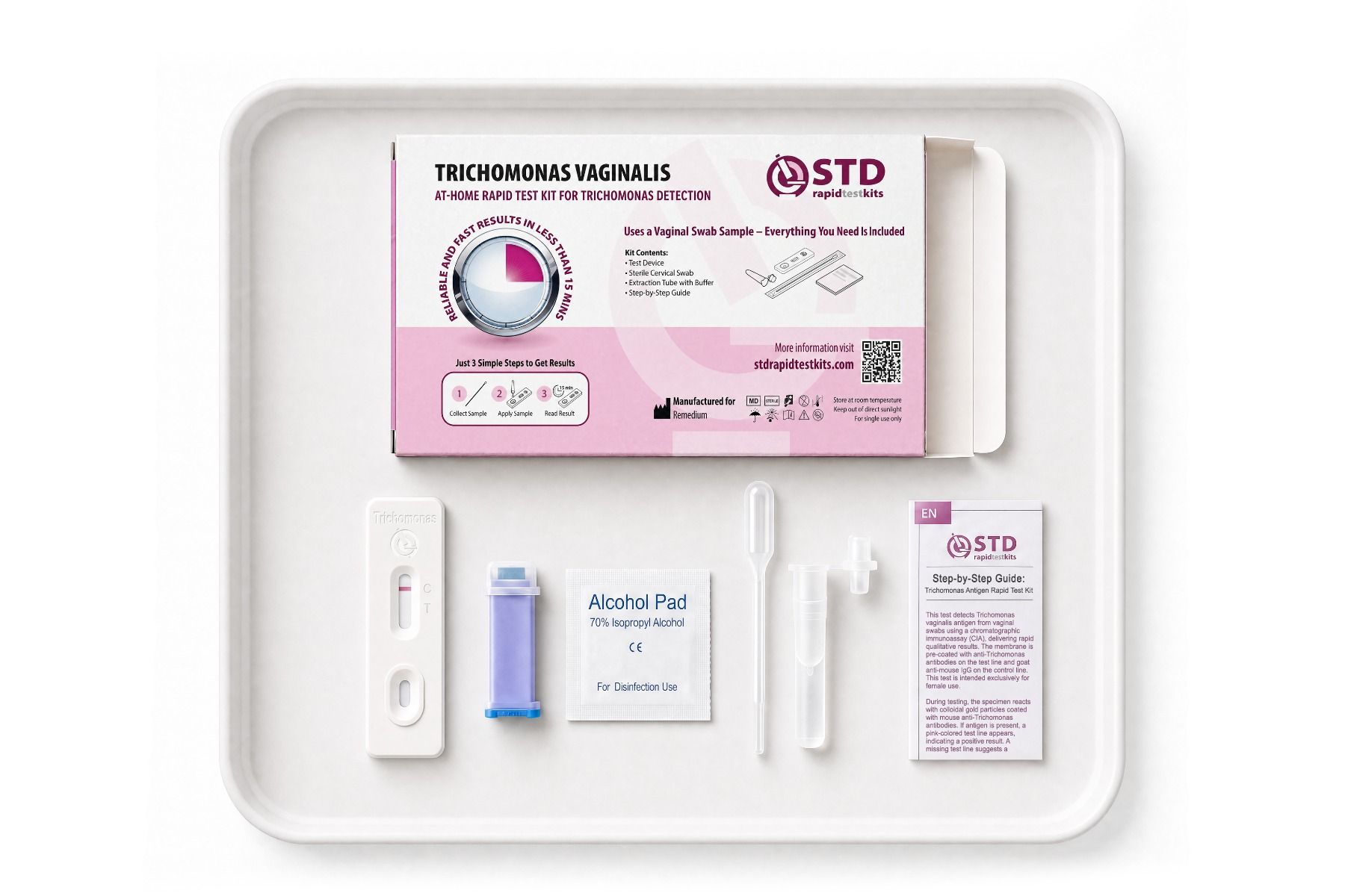 Contents of the Trichomoniasis at-home rapid test kit included in the Complete 12-in-1 women bundle