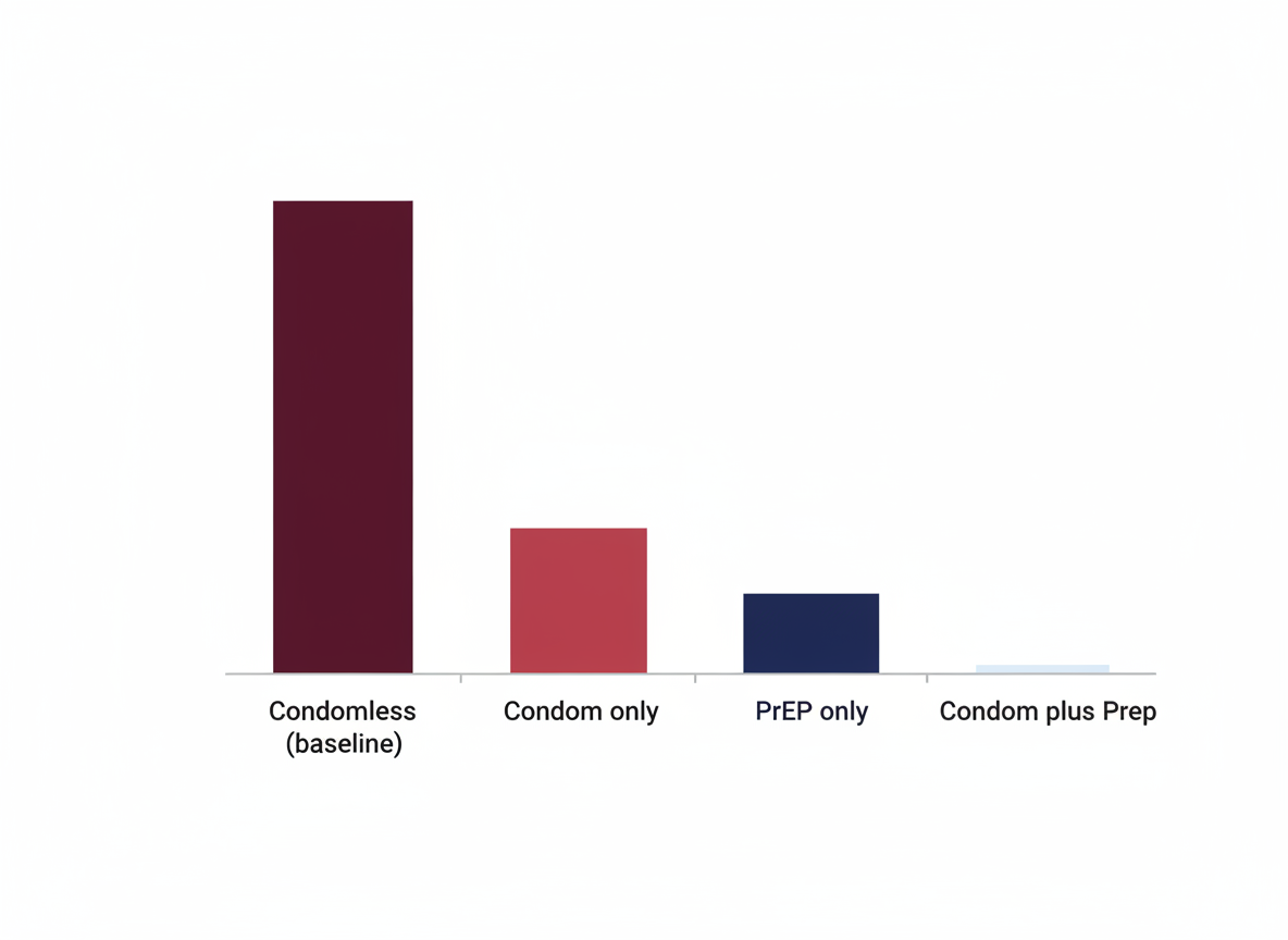 Stacked-bar infographic comparing relative HIV acquisition risk across four scenarios: condomless, condom only, PrEP only, and condom plus PrEP combined