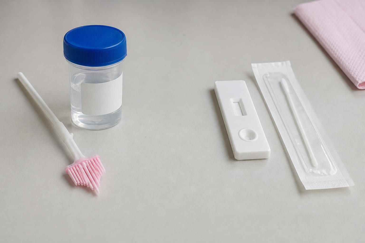 Left: a clear specimen vial with a blue cap and a cervical sampling broom with pink bristles, the lab collection items. Right: an unbranded home rapid test cassette with a blank result window and a sealed swab, on a pale laboratory bench.
