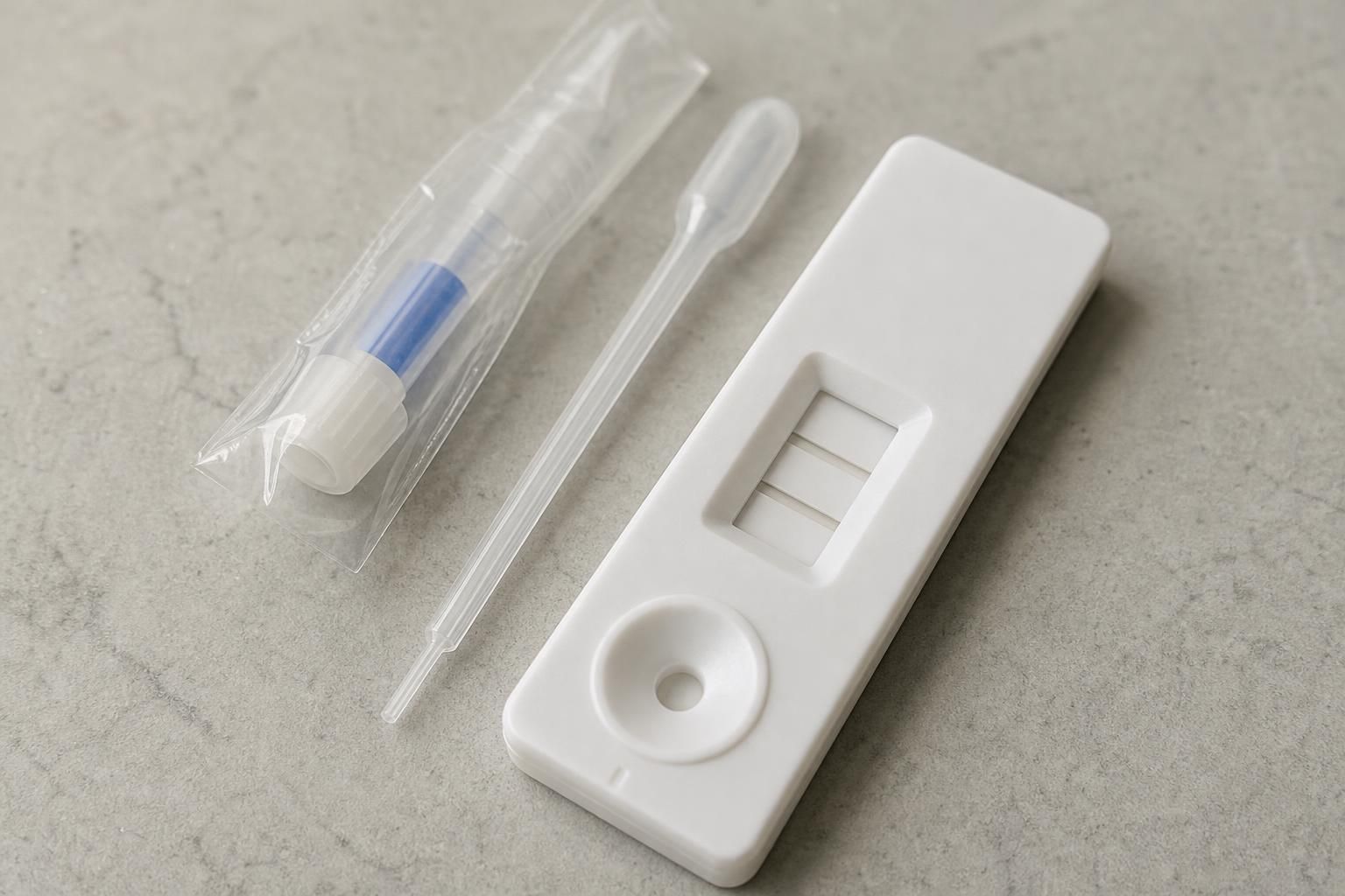 An unbranded HSV-1 rapid antibody test cassette lying flat on a pale countertop. Its result window shows one control line position and two separate, uncoloured test line positions in a row, with a sealed lancet and dropper beside it.