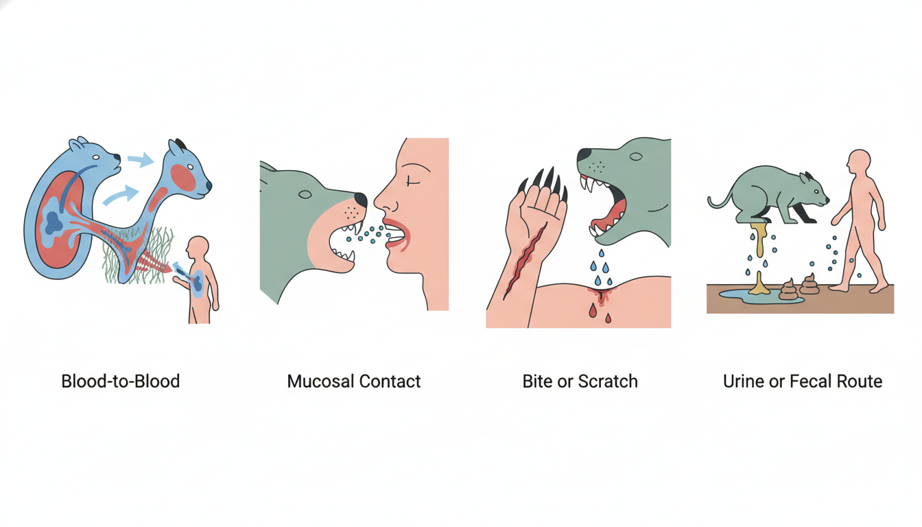 Diagram showing four primary routes of zoonotic disease transmission between animals and humans: blood-to-blood, mucosal, bite or scratch, and urine or fecal contact