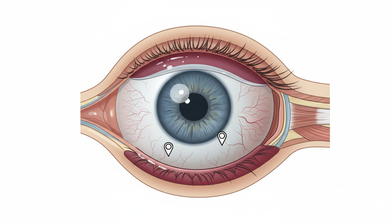 Cross-section anatomical illustration of the human eye highlighting the conjunctival surface, the mucous membrane vulnerable to STI transmission from semen exposure