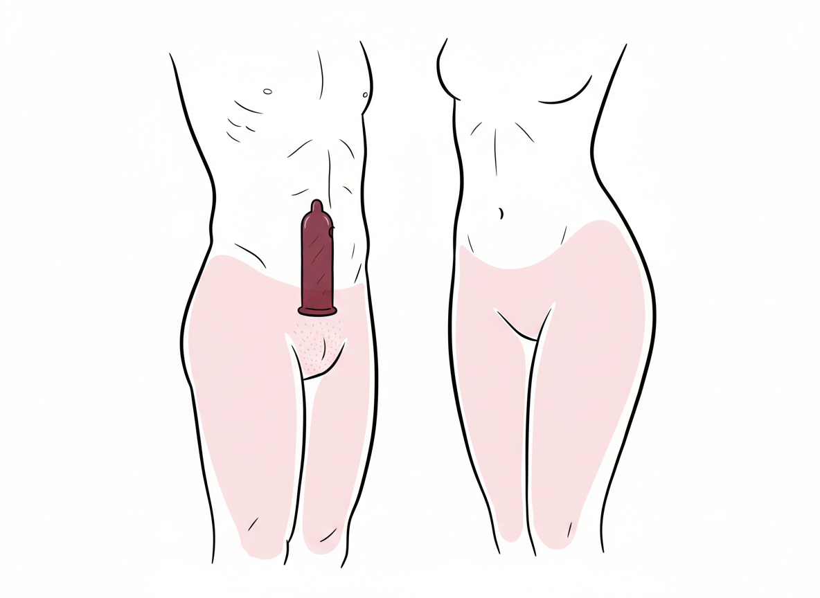 Stylized anatomical diagram showing which genital regions a condom physically covers in maroon and the surrounding skin areas it leaves exposed in pink, where herpes and HPV can still transmit through skin-to-skin contact.