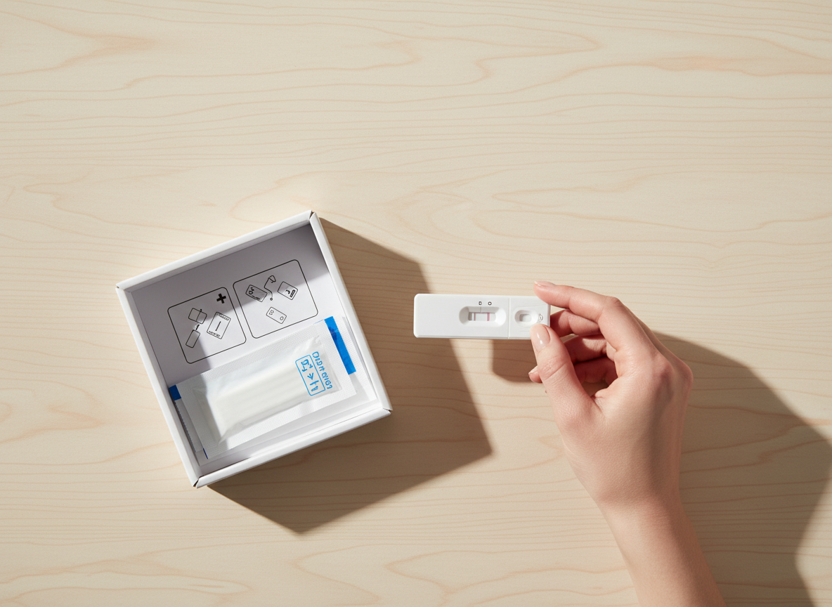 Overhead illustration of an at-home chlamydia self-test process showing a hand placing a lateral-flow test cassette beside an opened test kit on a clean surface