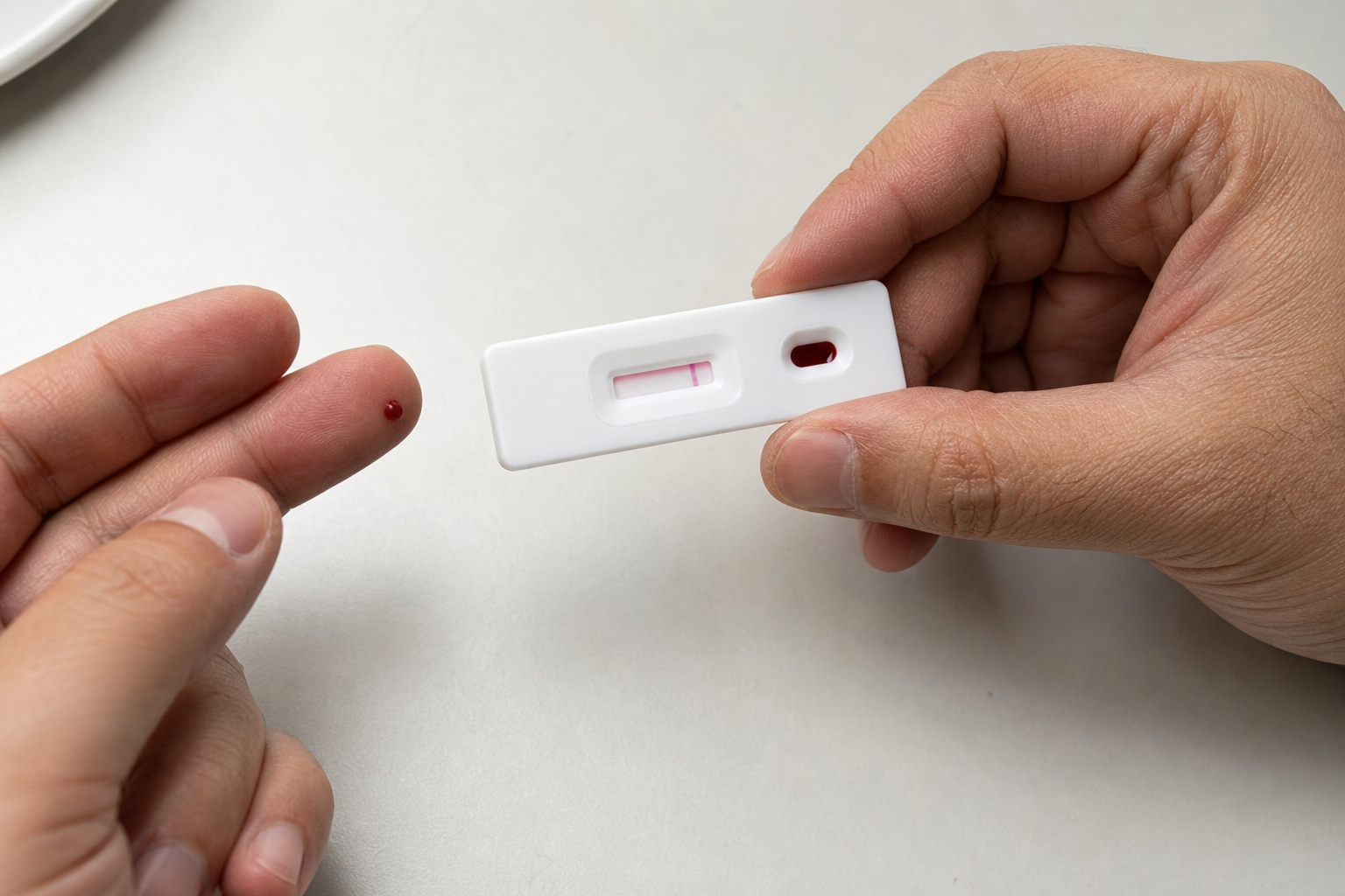 Hands demonstrating at-home fingerstick antibody testing: one hand shows blood collection from fingertip, the other holds a plain white test cassette with sample window.