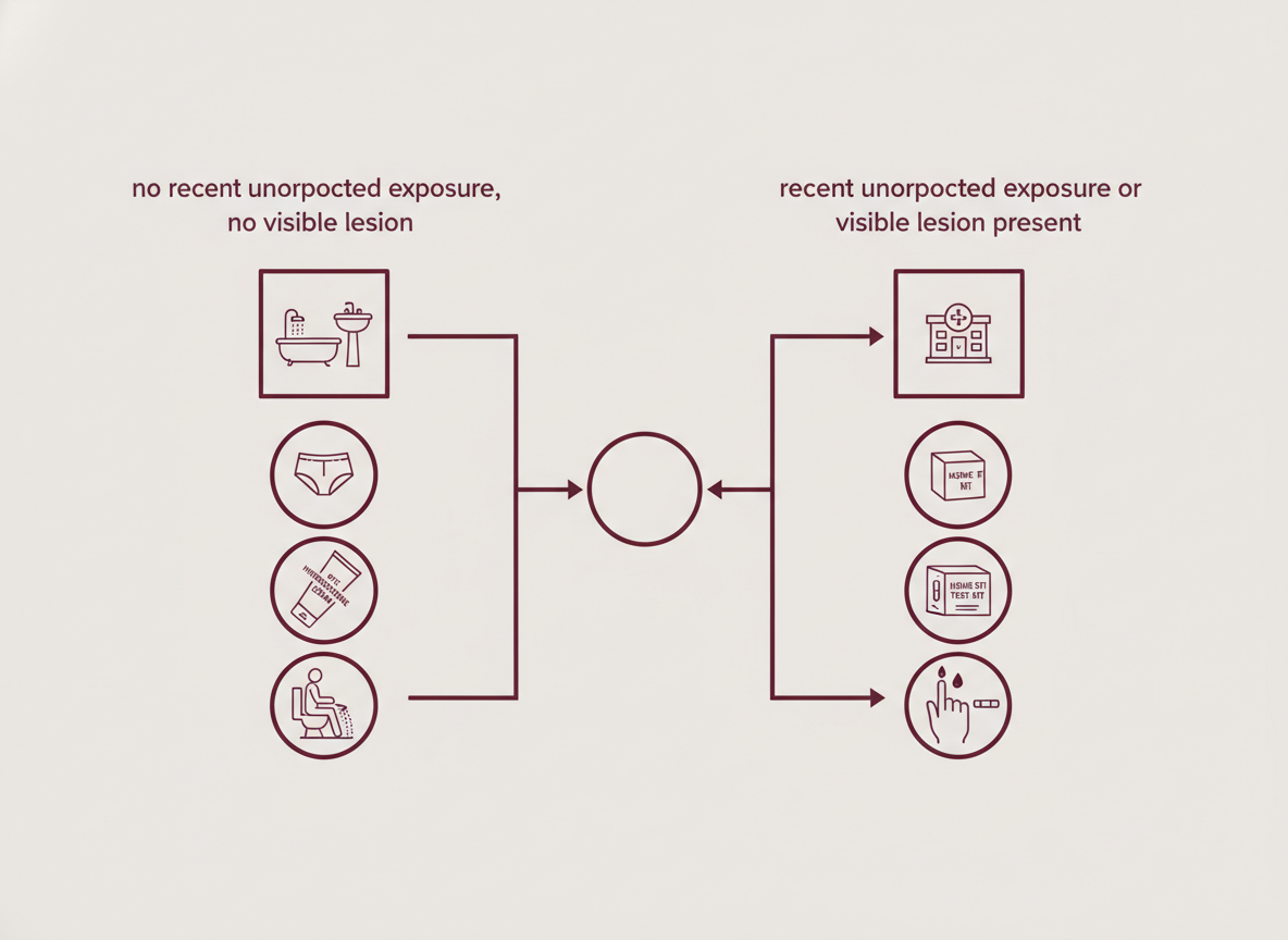 Editorial decision-flow concept illustration showing the two branches of next-step actions for anal itching: gentle home care for non-sexual scenarios, clinic visit or home test for recent exposure or visible lesion scenarios