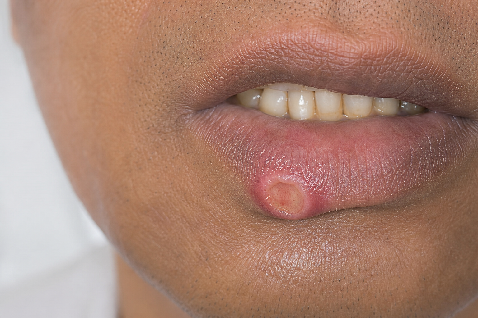 Close-up medical photograph of a primary syphilis chancre on the lower lip, showing a single round ulcer with a firm raised rolled border, clean crater base, and minimal surrounding inflammation.