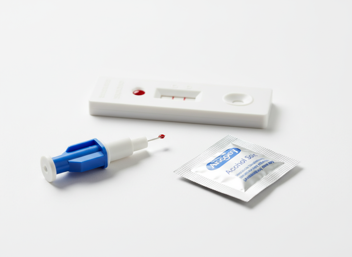 Generic rapid lateral-flow test cassette with a fingerstick lancet and alcohol swab on a clean white surface