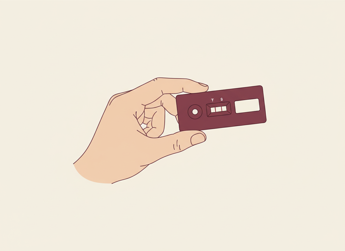 Editorial illustration of a hand holding a generic lateral-flow rapid test cassette with a centered result window