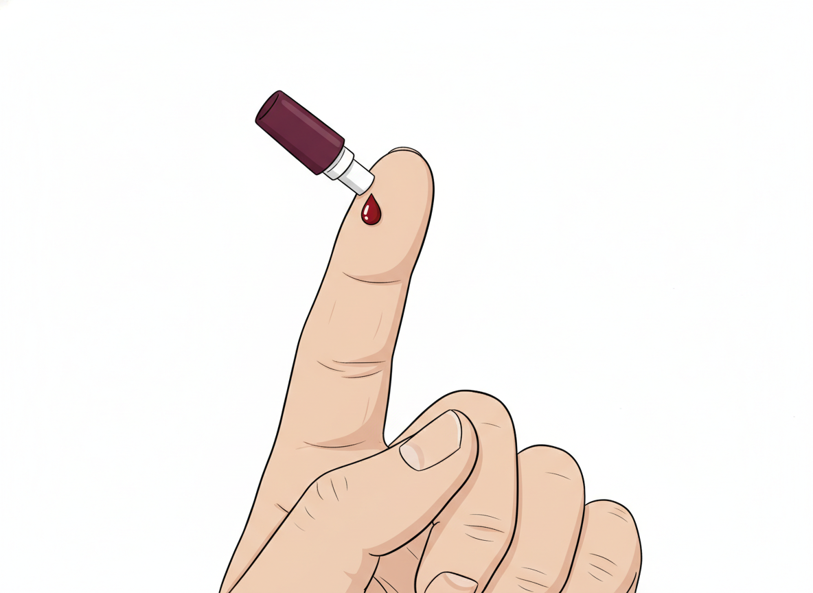 Illustration of a sterile lancet pressed against the lateral side of a fingertip producing a single small drop of blood for an HIV rapid test sample