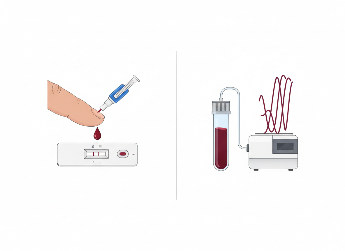 Side-by-side illustration comparing a fingerstick rapid antibody test cassette to a lab analyzer running a venous antigen antibody test