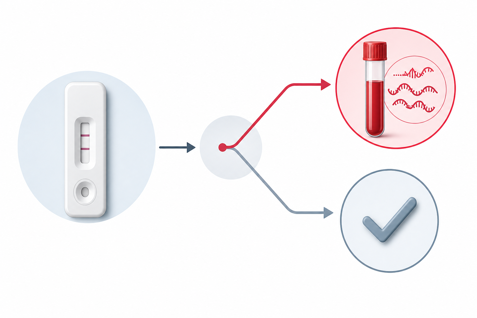Diagram of two-stage hepatitis C testing: initial antibody screen branches to either an RNA confirmation test if positive or a negative result.