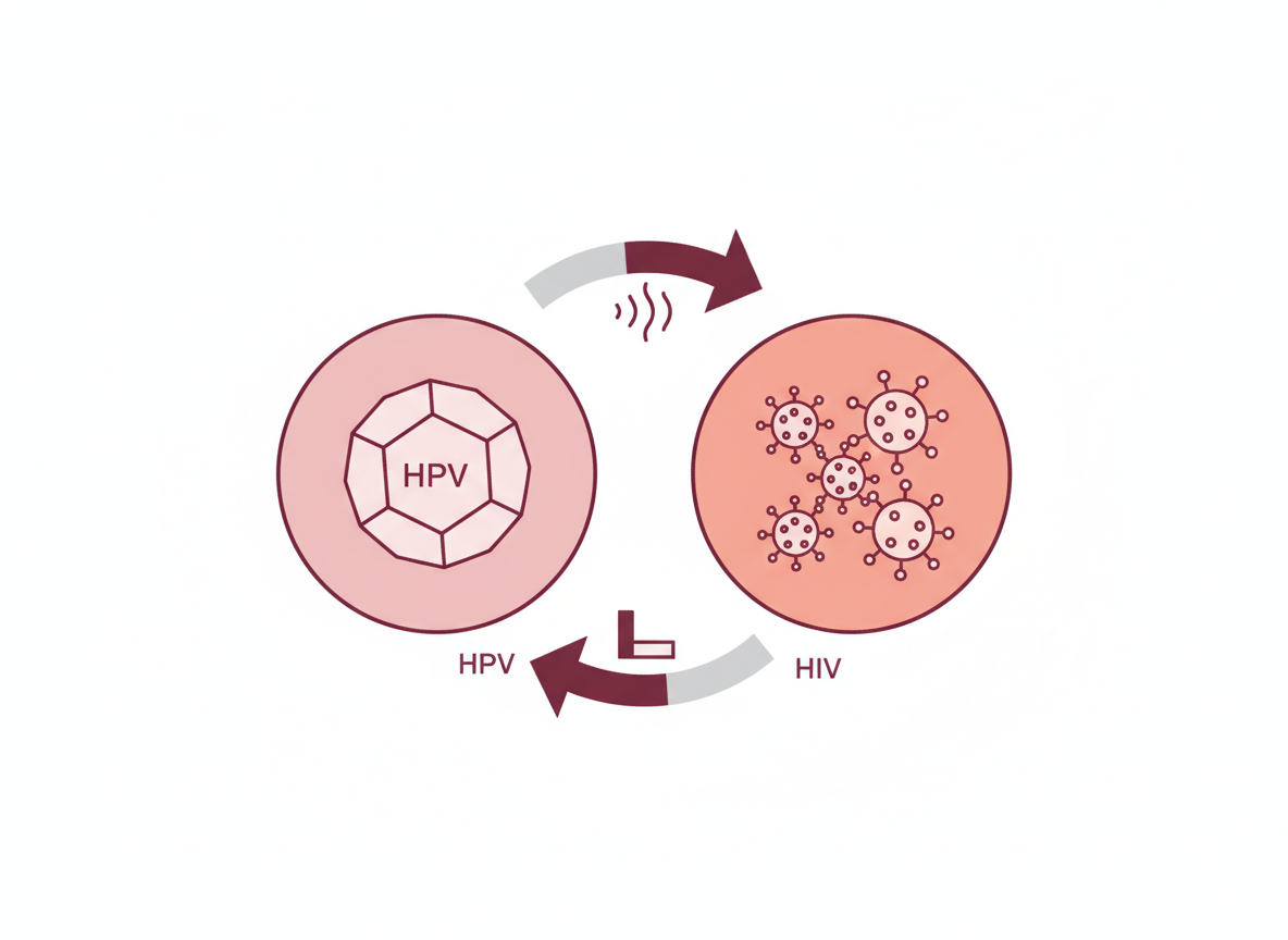 Diagram of the bidirectional risk relationship between human papillomavirus and HIV, with HPV raising HIV vulnerability through mucosal disruption and HIV worsening HPV outcomes through immune suppression
