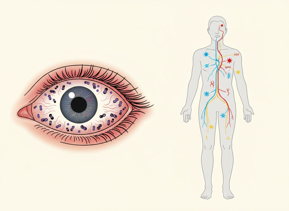 Editorial illustration contrasting localized ocular conjunctivitis with the pathway of systemic STI seroconversion through the body