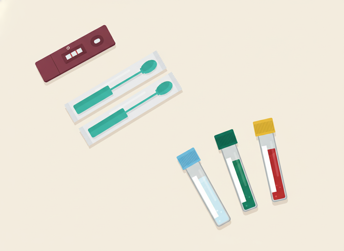 Side-by-side editorial illustration of an at-home lateral-flow rapid test cassette next to a laboratory test tube with a DNA helix motif, comparing rapid screening to lab NAAT testing