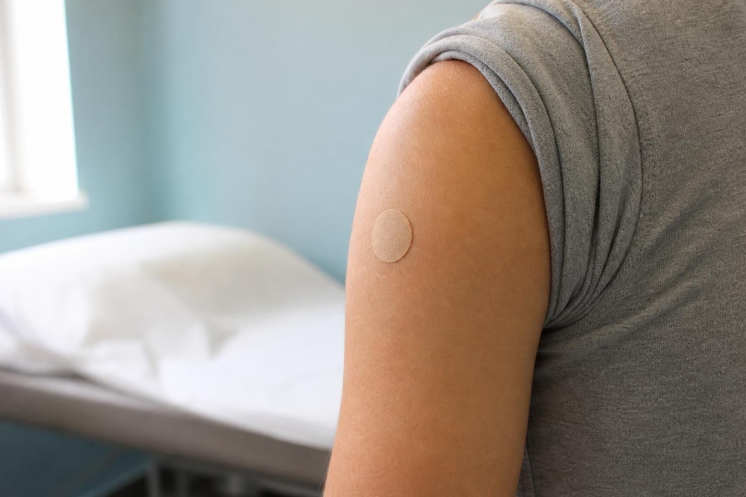 Close-up of a teenager's upper arm with a small plain bandage over the vaccine injection site in a bright exam room. The face is out of frame and the skin looks normal.