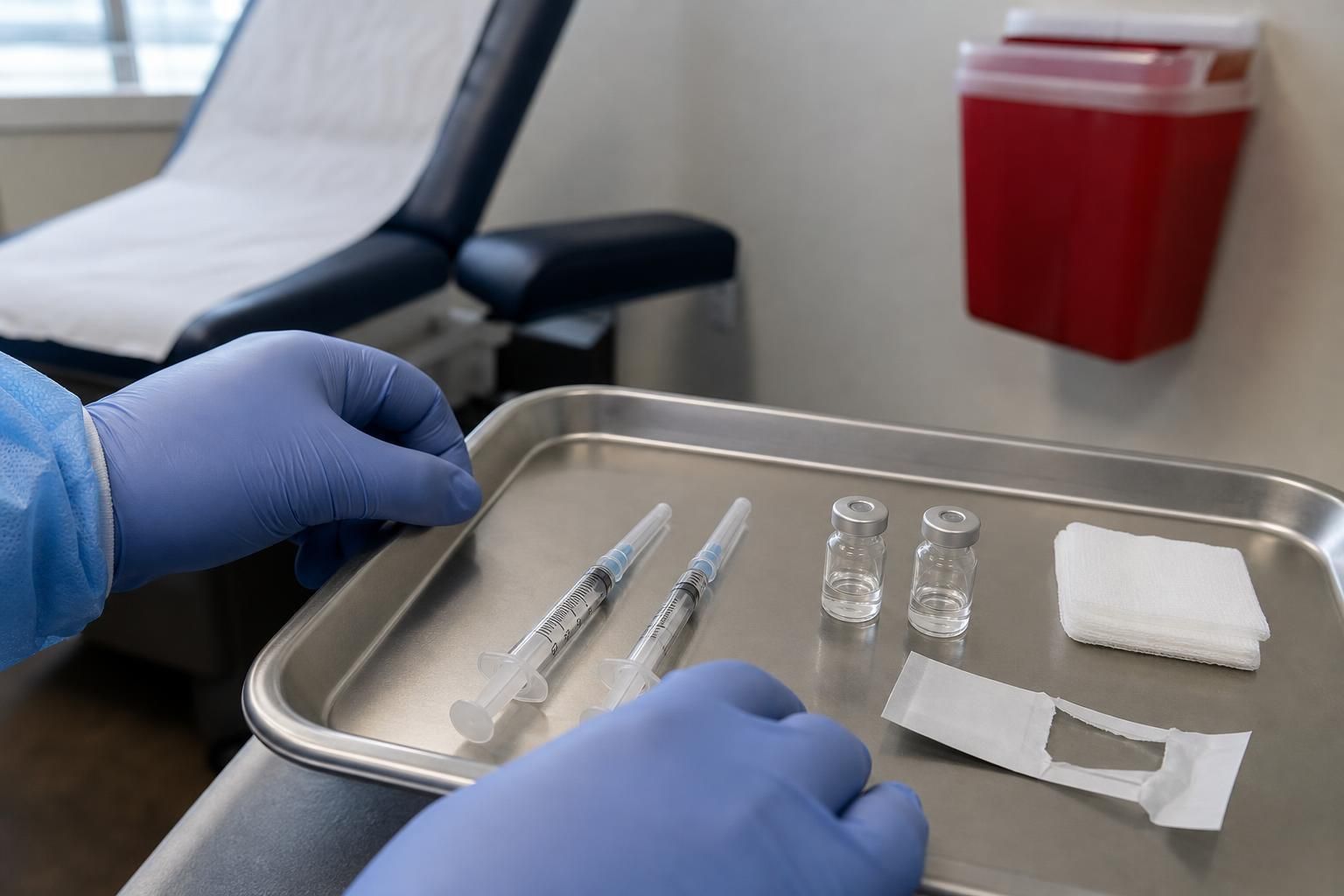 Gloved hands of a clinician beside a clinic tray holding two capped, unlabeled syringes and two small glass vials, the setup for a clinic-given long-acting HIV injection.