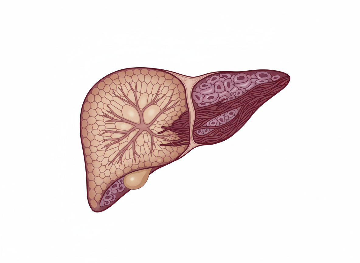 Cross-section illustration of a human liver showing the progression from healthy hepatocyte tissue to fibrosis and abnormal cellular changes characteristic of chronic hepatitis-related disease