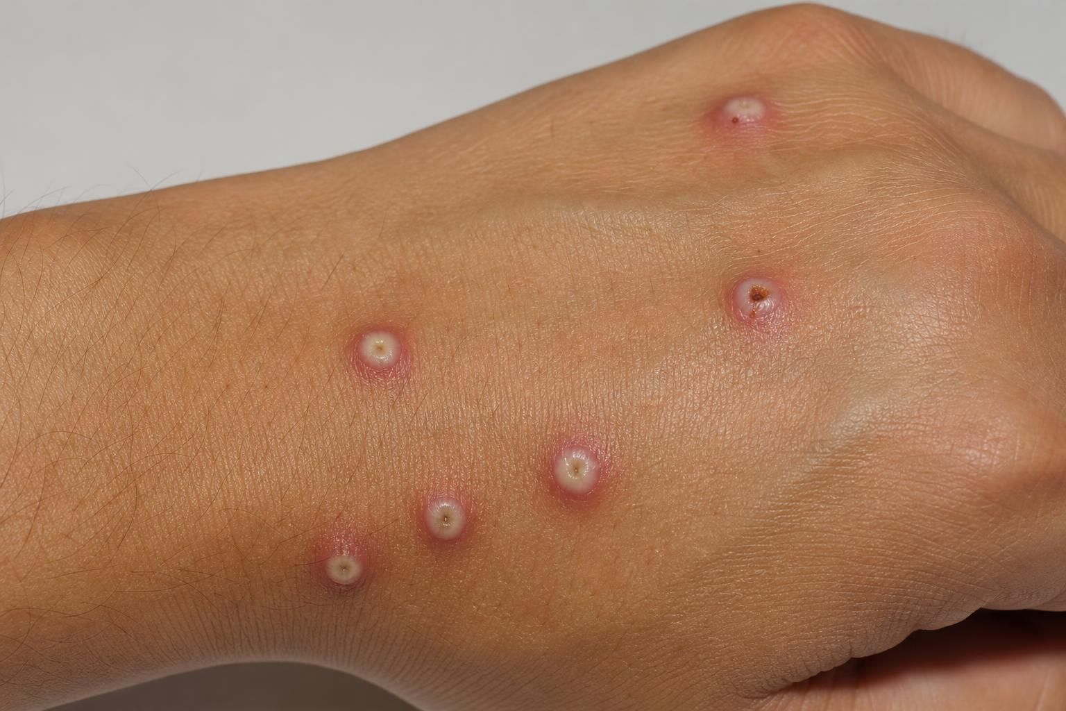 Close-up of the back of a hand and wrist with four to six firm, round, yellow-white pustules, most with a small central dip, one or two with a dark crust at the top, each with a thin pink rim of redness on otherwise normal skin.