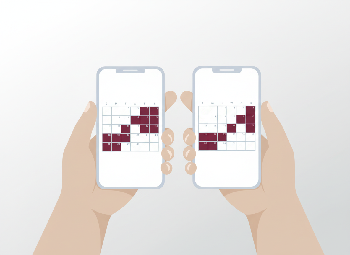 Two people coordinating a shared STI testing schedule on their phones with highlighted calendar dates