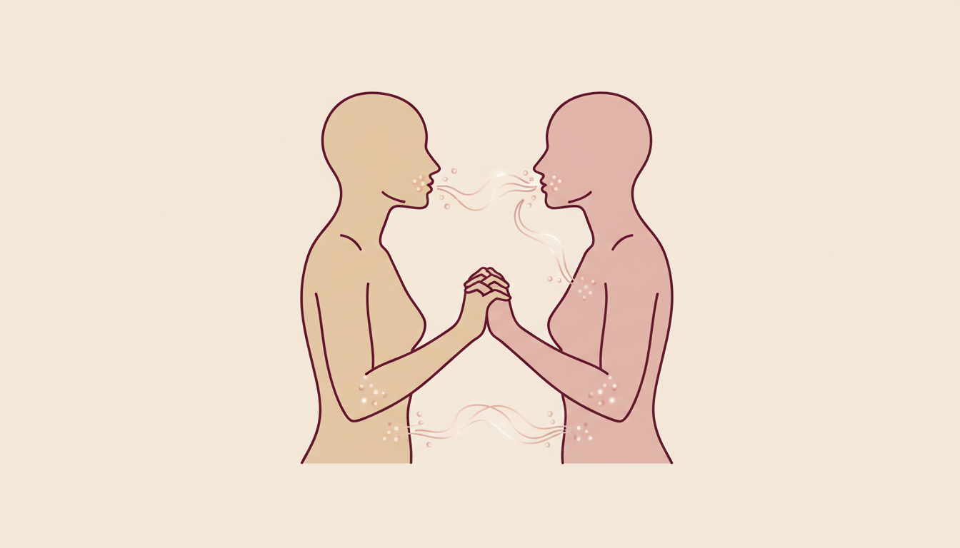 Editorial illustration of two abstract human silhouettes with subtle pathway lines connecting mouth, hands, and groin showing non-penetrative STI transmission routes