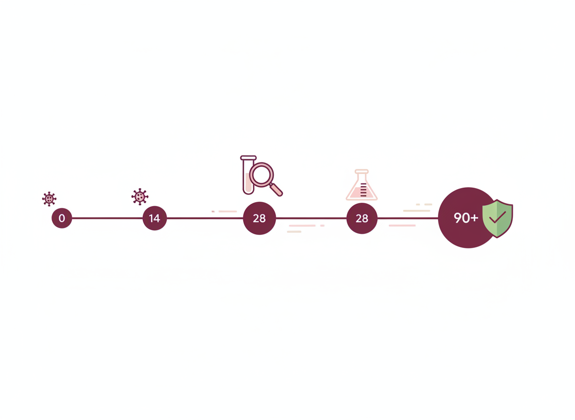 Horizontal timeline graphic showing four trichomoniasis testing milestones spaced from left to right: exposure at day 0, earliest reliable test at day 14, latest detection at day 28, and a three-month test of cure