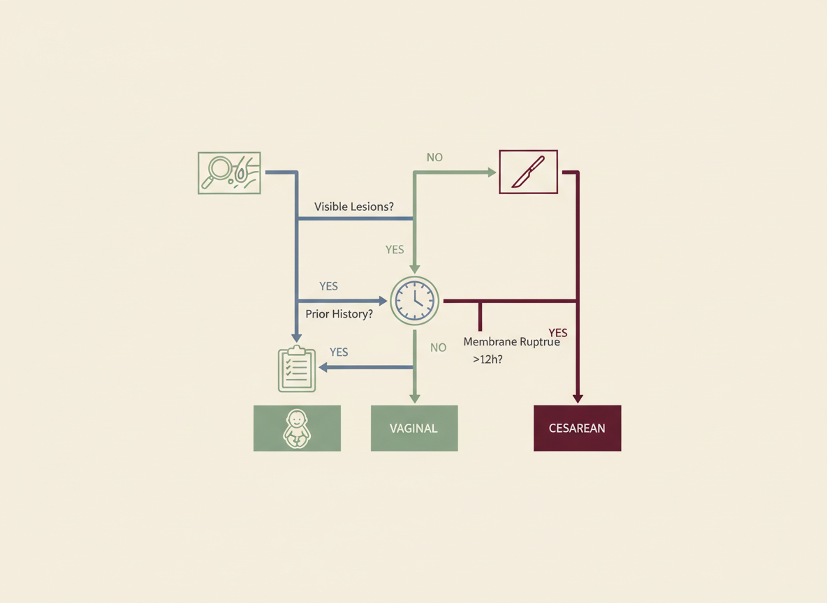 Editorial decision-tree diagram showing the three labor-onset factors that shape the delivery route in HSV-positive pregnancy: visible lesions or prodrome, prior HSV history, and timing of membrane rupture