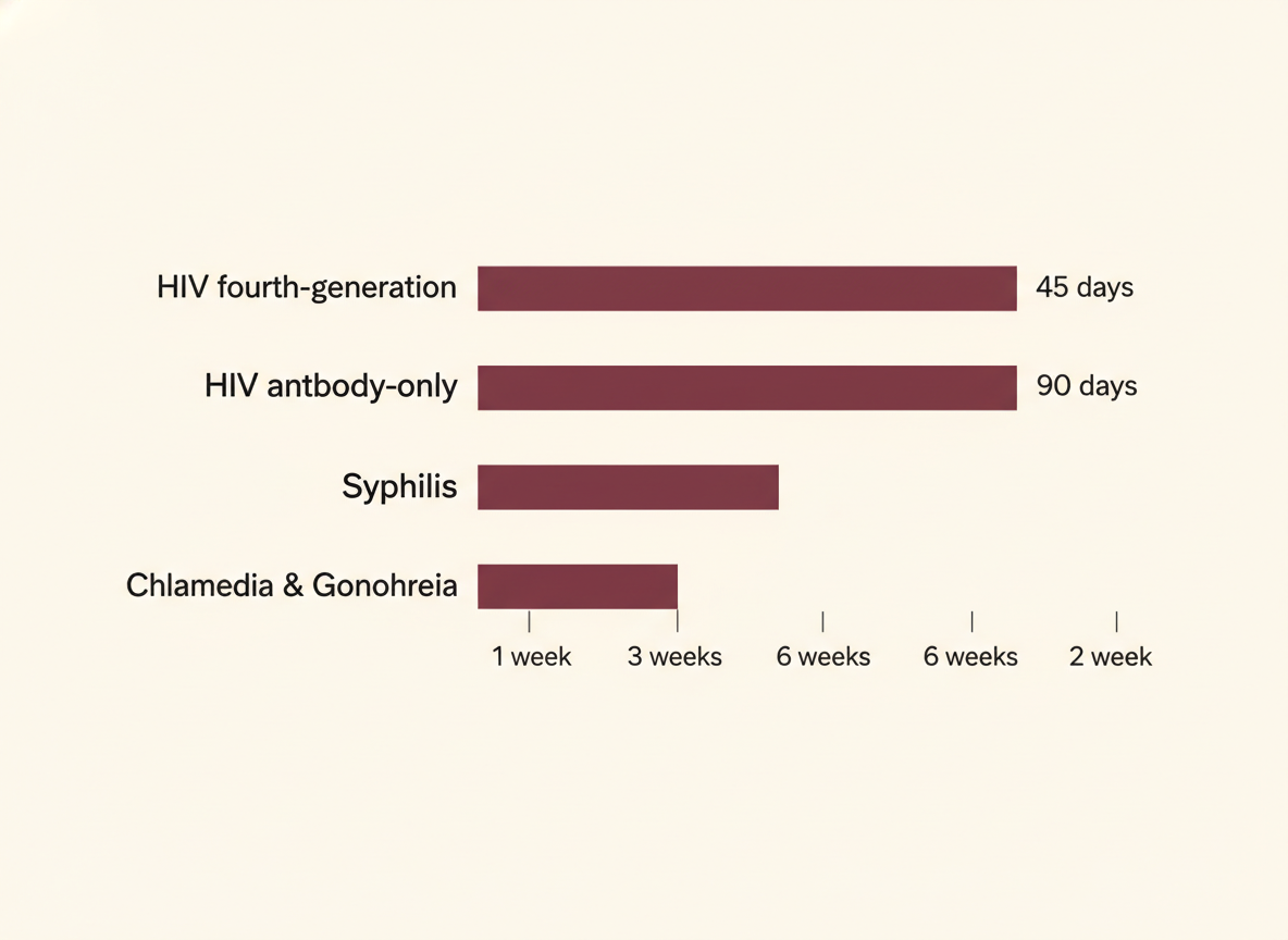 Stacked timeline diagram comparing window periods before STI testing becomes reliable: HIV fourth-generation tests detect by 18 to 45 days, HIV antibody-only tests up to 90 days, syphilis 3 to 6 weeks, chlamydia and gonorrhea 1 to 2 weeks