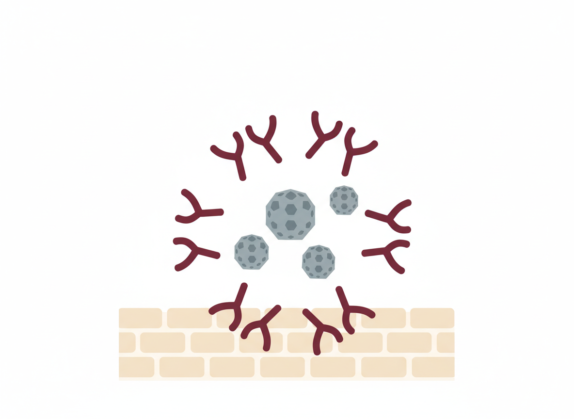Editorial diagram showing HPV vaccine antibodies neutralizing virus particles before infection of epithelial cells