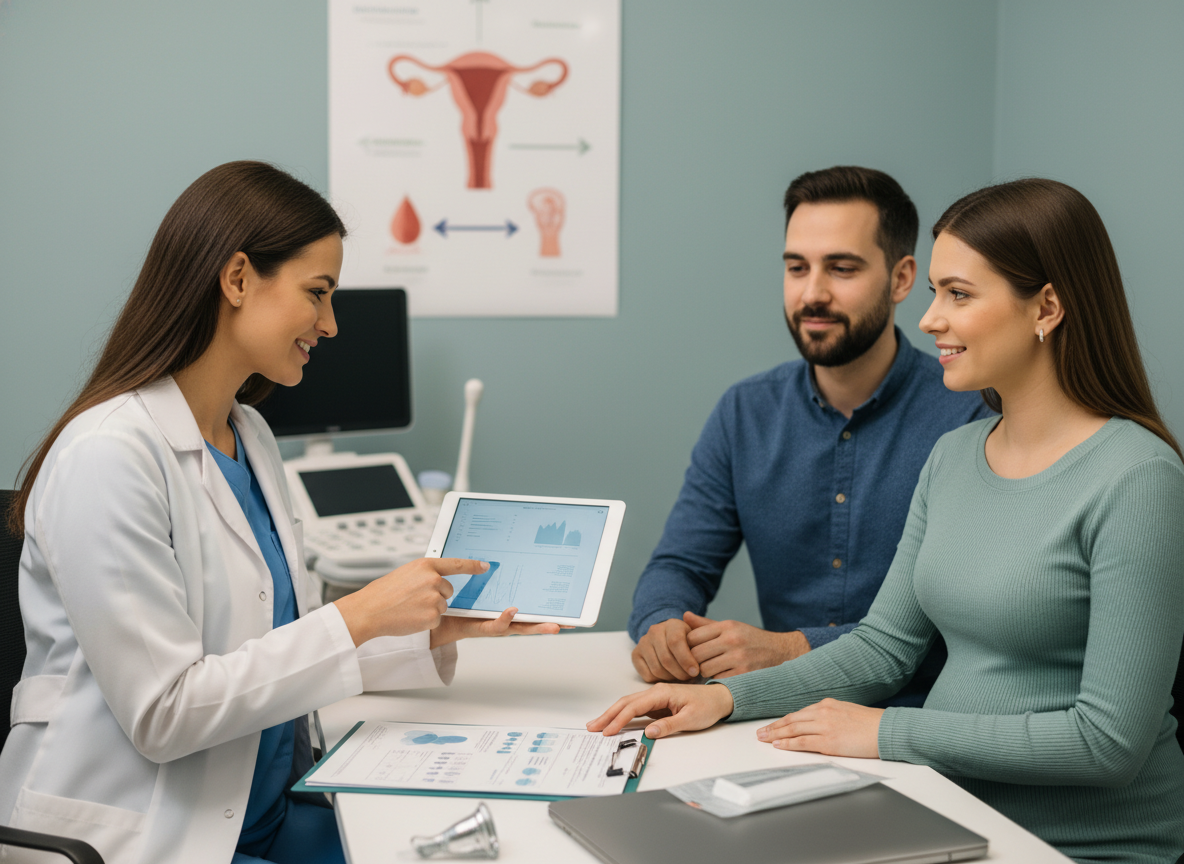 Stylized timeline illustration of three prenatal STI screening checkpoints across pregnancy
