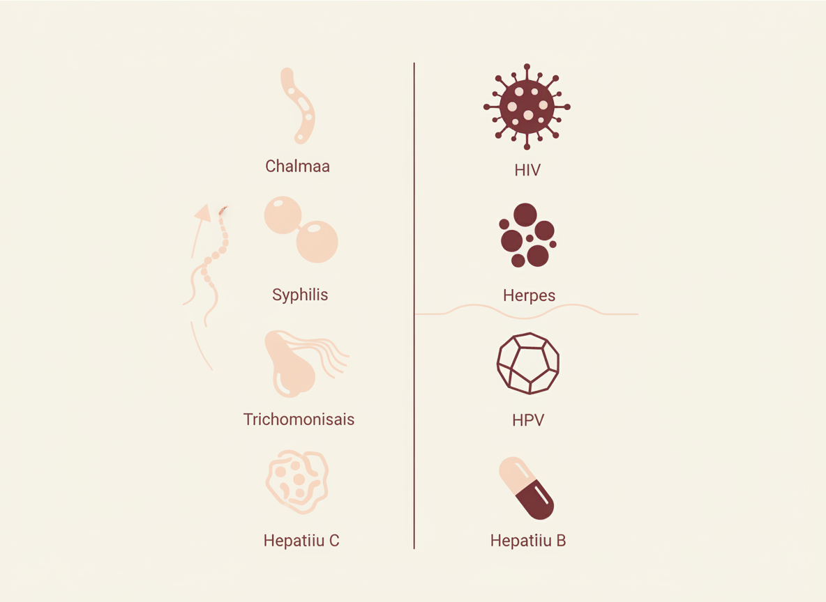 Editorial diagram comparing curable STIs (chlamydia, gonorrhea, syphilis, trichomoniasis, hepatitis C) with manageable viral STIs (herpes, HIV, HPV, hepatitis B)
