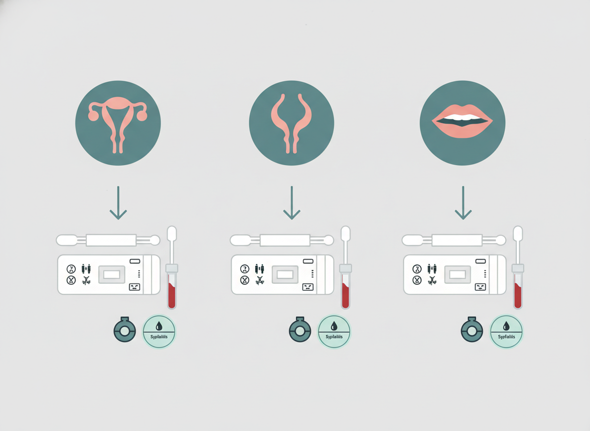 Decision diagram linking sexual contact types to the matching at-home or clinic STI test sample type