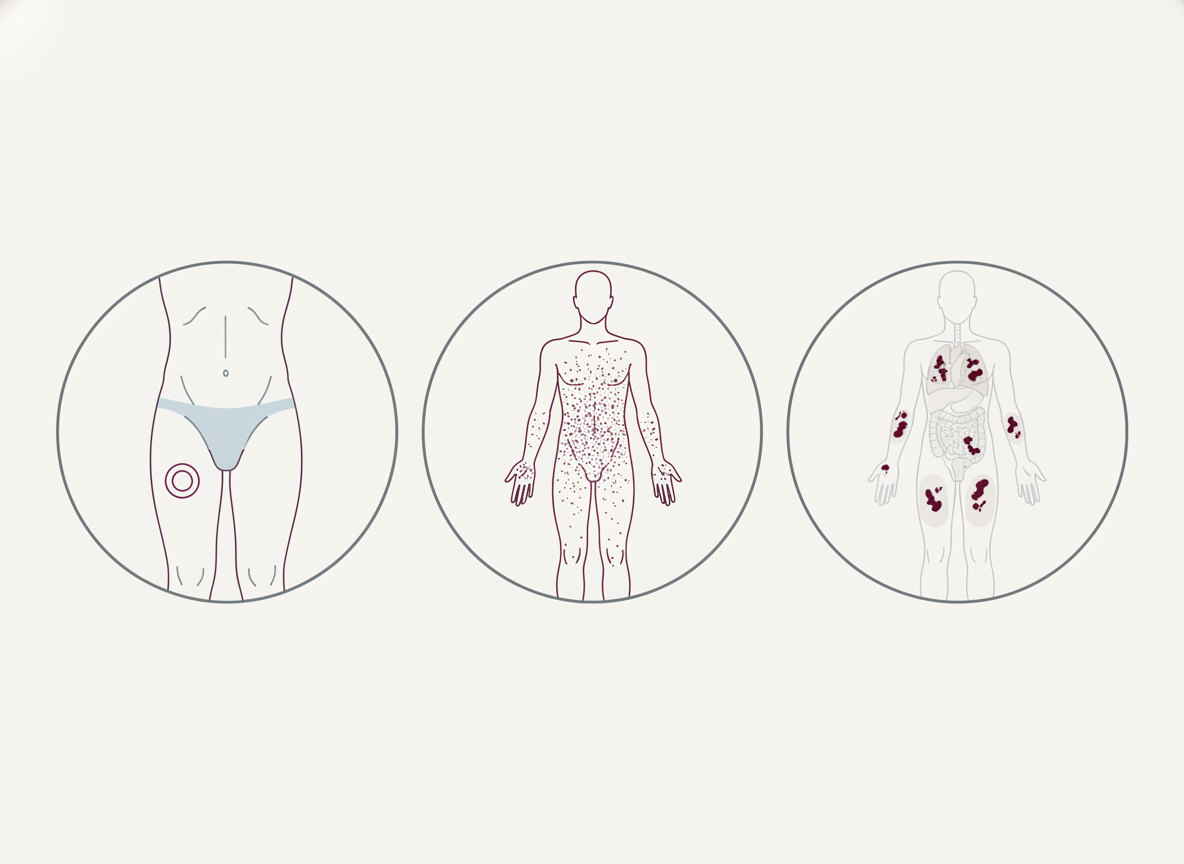 Three-stage editorial illustration showing syphilis progression: a single painless ulcer in stage one, a diffuse body rash in stage two, and abstract internal organ damage in the late stage