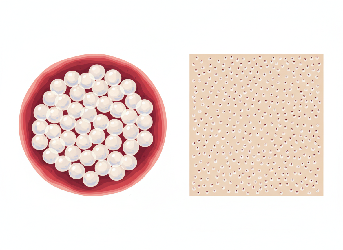 Side-by-side illustrated comparison of clustered herpes vesicles versus the dense uniform pinpoints of heat rash, the two most common look-alike patterns