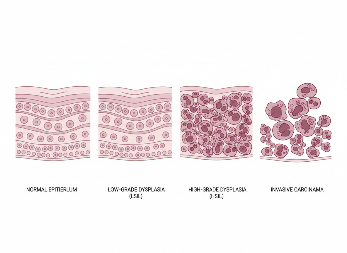 Cellular progression diagram showing healthy cervical cells changing through low-grade dysplasia, high-grade dysplasia, and invasive carcinoma over years of persistent high-risk HPV infection