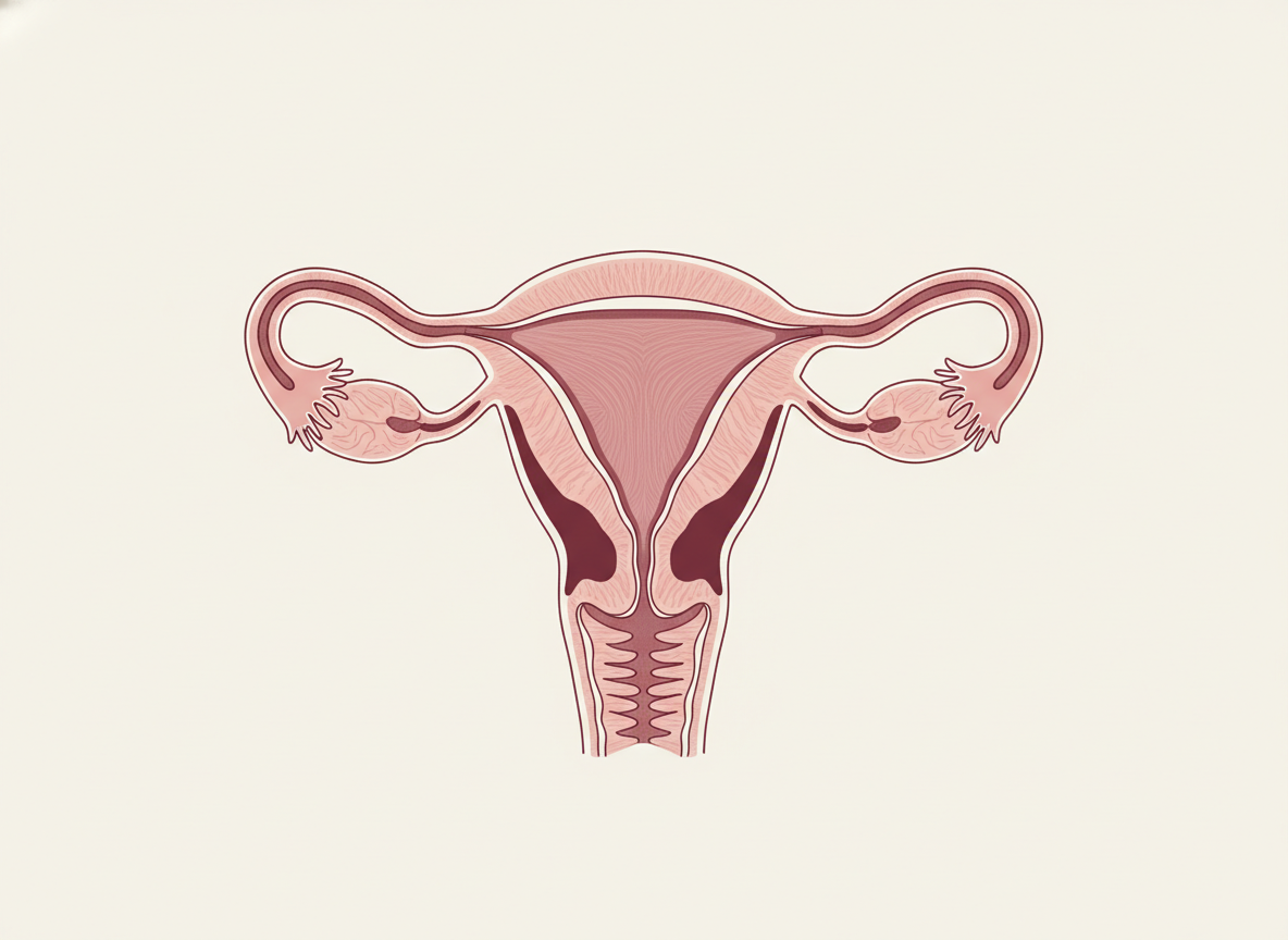 Side-profile cross-section illustration of the vulva, vagina, and cervix highlighting the mucosal regions where premenstrual HSV outbreaks tend to recur