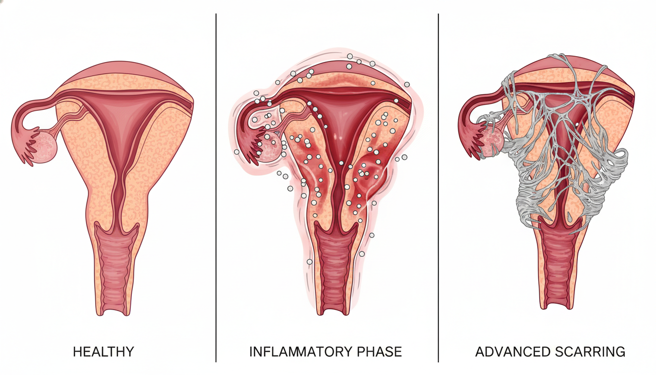 Three-stage editorial diagram showing how untreated bacterial sexually transmitted infections progress from healthy tissue through mild inflammation to permanent scarring and structural distortion of reproductive tract tissue