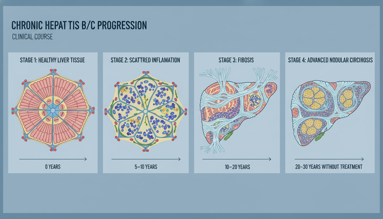 Four-stage editorial diagram of chronic hepatitis progression in the liver from healthy tissue through mild inflammation and moderate fibrosis to advanced cirrhosis with nodular structural distortion